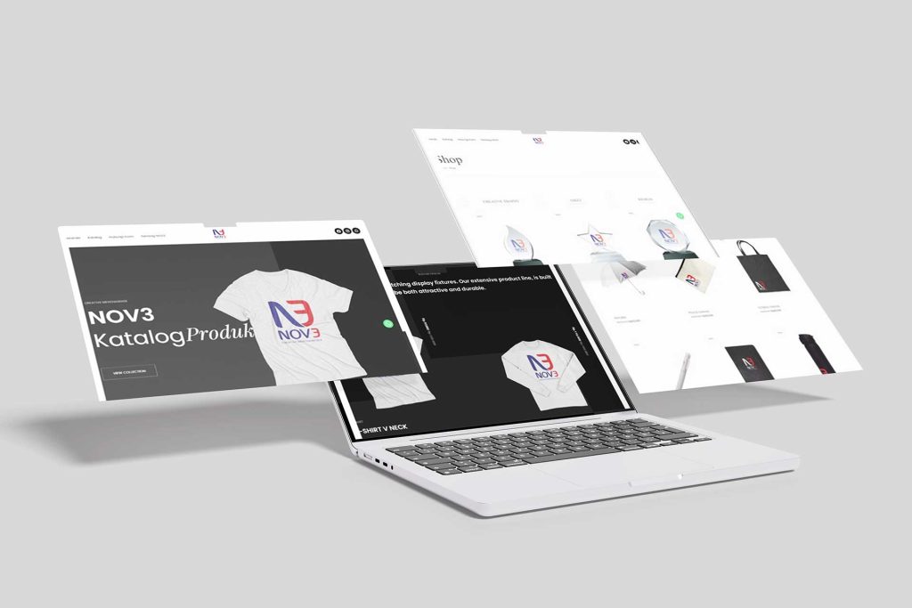 Mockup portofolio website e-commerce NOV3 merchandise di laptop. jasa pembuatan website